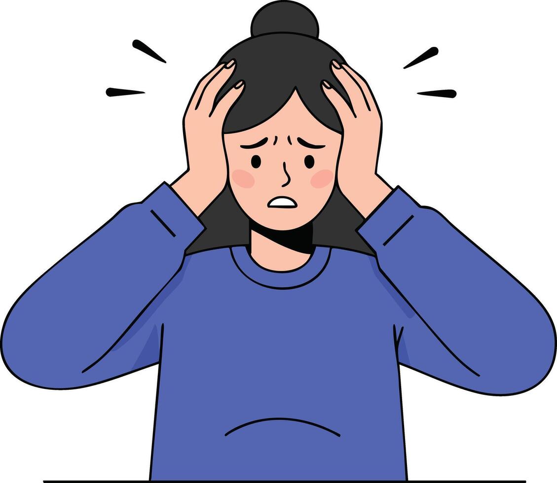 Woman experiencing stress and anxiety wearing blue sweater illustration with worried expression and hands on head vector
