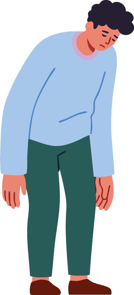 Tired man standing with slouched posture wearing blue sweater and green pants illustration vector