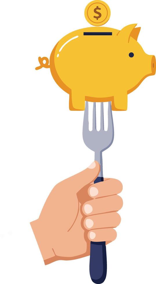 Piggy bank with coin held by hand on fork symbolizing saving money concept illustration vector