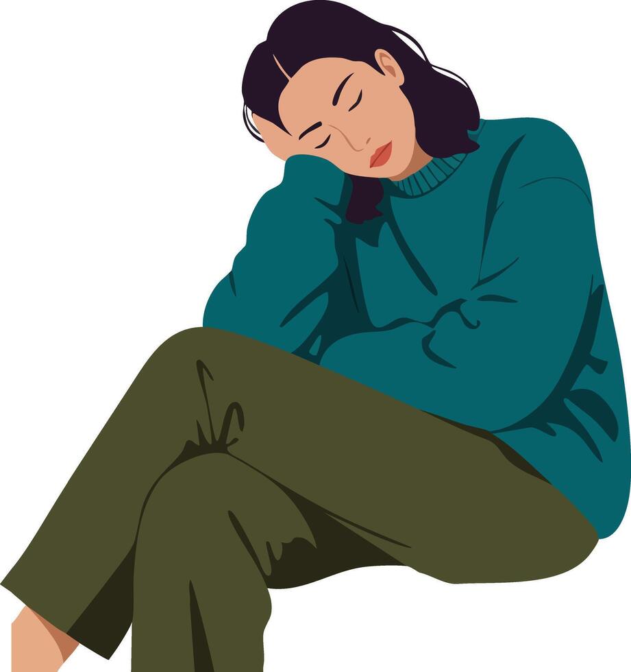 Woman in teal sweater and olive pants sitting and resting with eyes closed peaceful and relaxed posture illustration vector