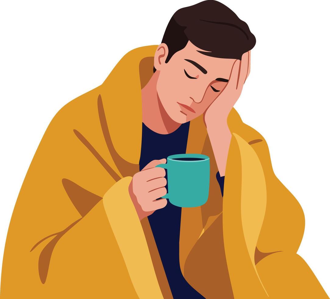 Sick man covered with yellow blanket holding blue cup feeling unwell and tired illustration vector