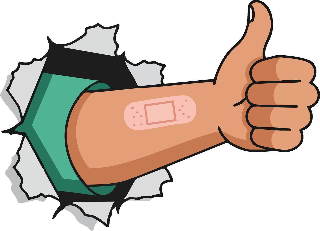Hand giving thumbs up with adhesive bandage breaking through wall in illustration design vector