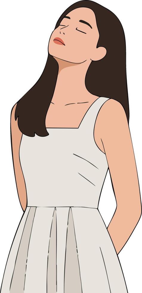 Woman in sleeveless dress with long dark hair standing with eyes closed calm expression illustration vector