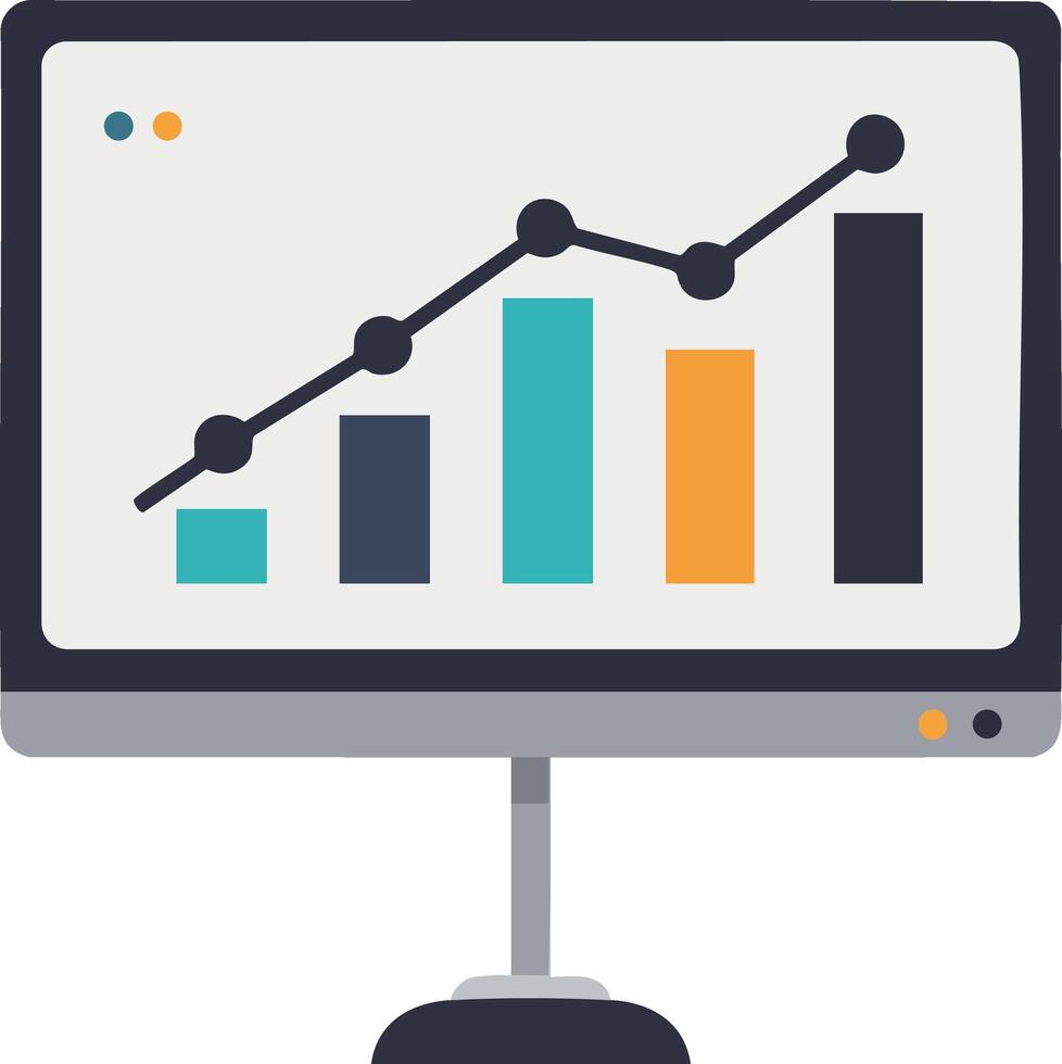 Computer monitor displaying bar chart and rising line graph for business analytics and data visualization illustration vector