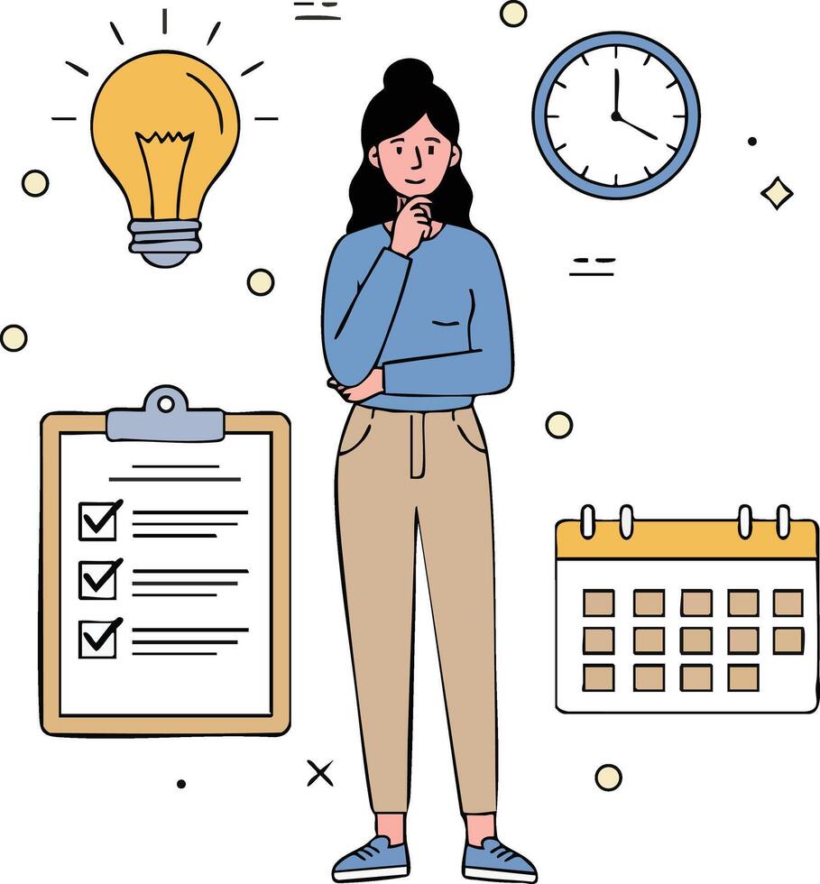 Woman planning schedule with checklist calendar clock and idea light bulb illustration for productivity and organization vector