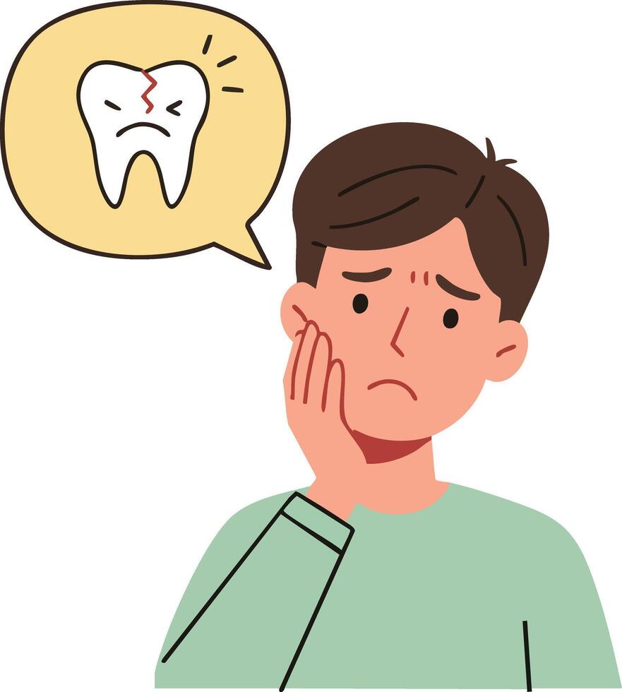 Man with toothache holding cheek and thinking about damaged tooth pain illustration vector