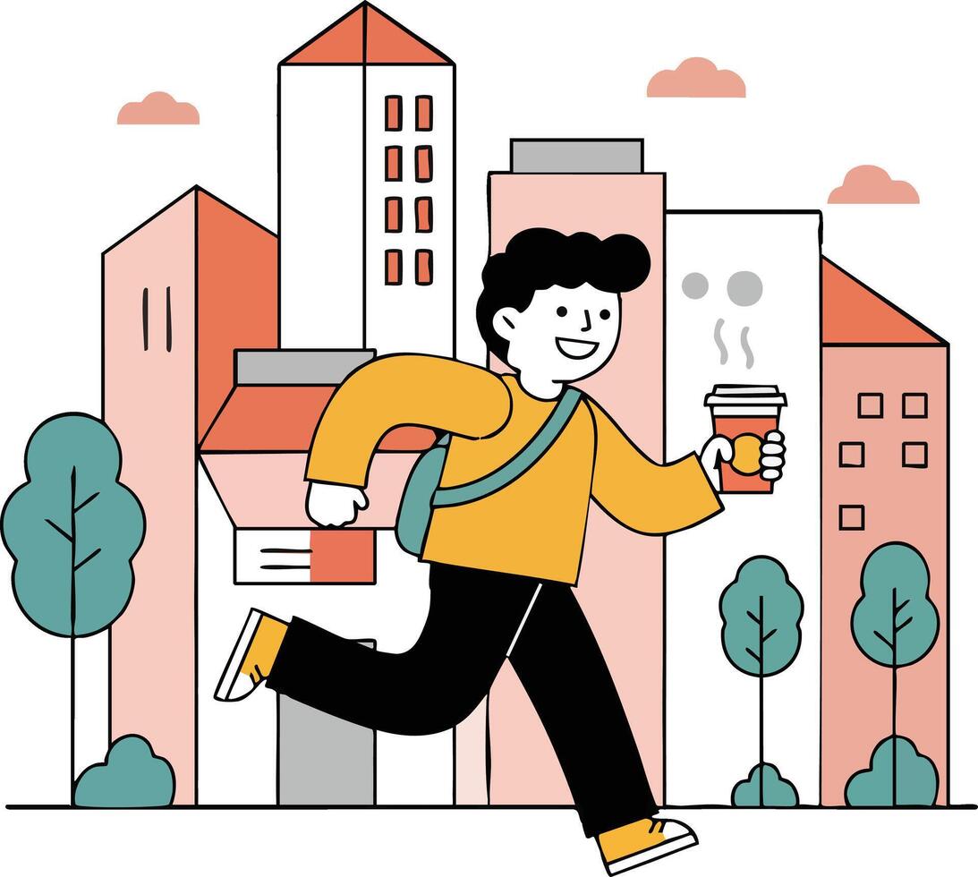 Young man running with coffee cup in cityscape background with trees and buildings illustration vector
