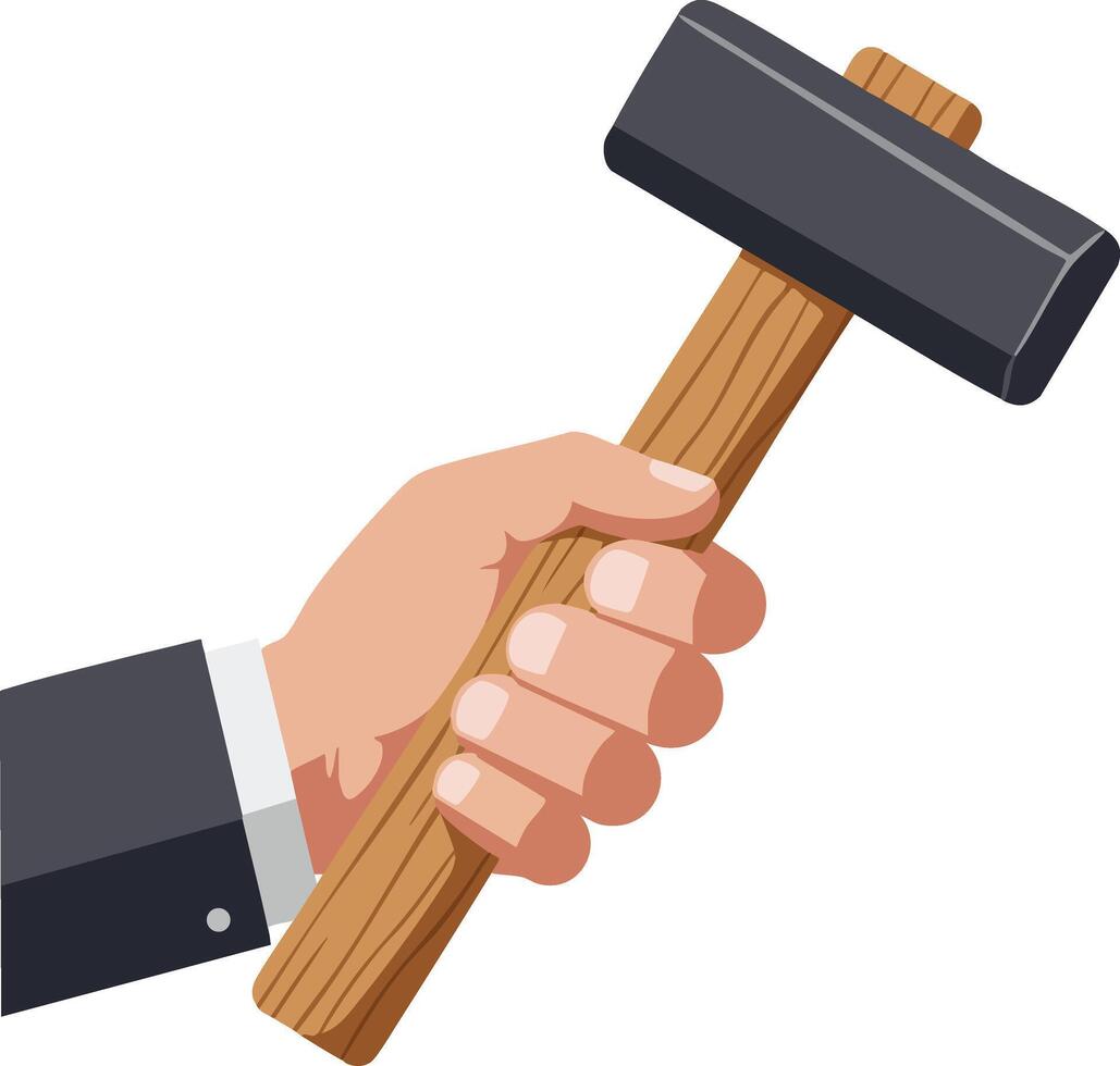 Hand holding wooden hammer with black head in business suit sleeve illustration for construction and repair tools design vector