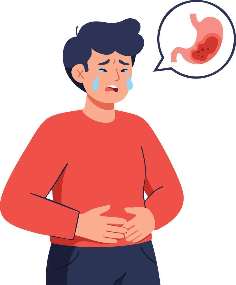 Man with stomach ache holding painful abdomen and crying illustration of digestive discomfort and upset health condition vector