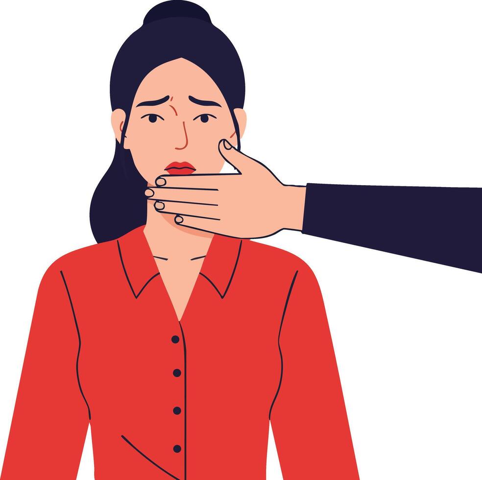 Woman experiencing silence and suppression with hand covering mouth in social issue awareness illustration vector