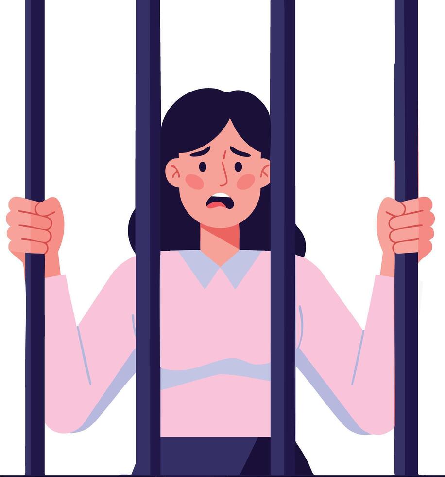 Woman behind prison bars expressing fear and sadness in illustration with dark hair and pink blouse vector