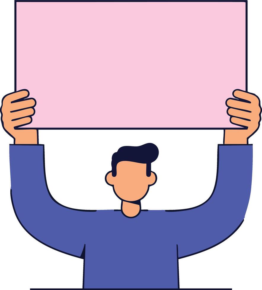 Man holding blank pink sign with both hands in simple illustration style for message display vector