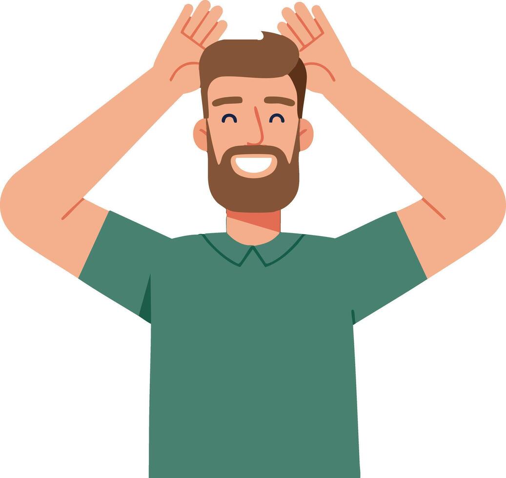 Smiling man making playful gesture with hands on head wearing green shirt illustration vector