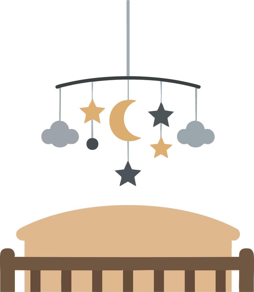Baby crib with hanging stars moon and clouds nursery mobile in soft neutral colours illustration vector