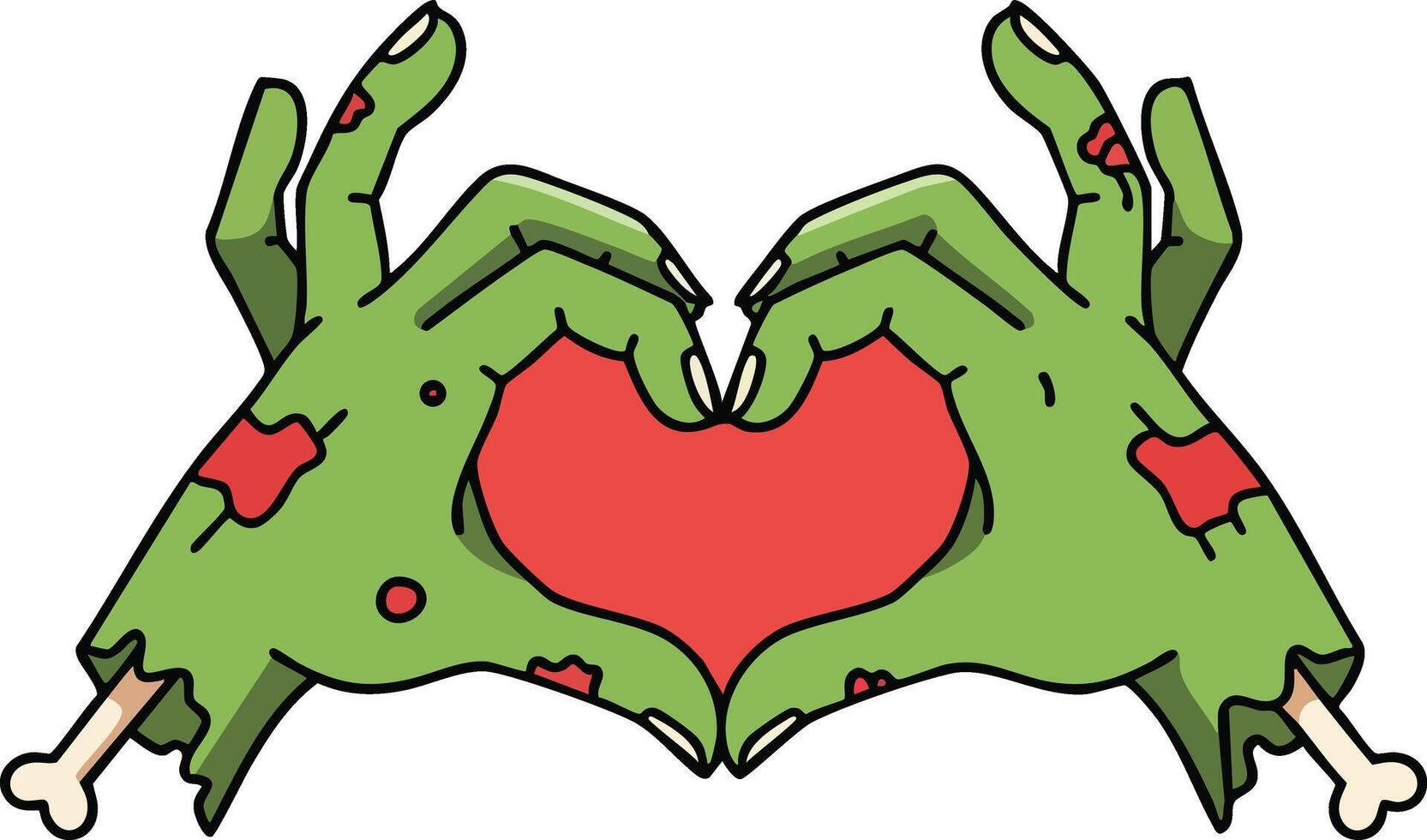 Zombie hands forming heart shape with red heart symbol illustration for Halloween and horror themes vector