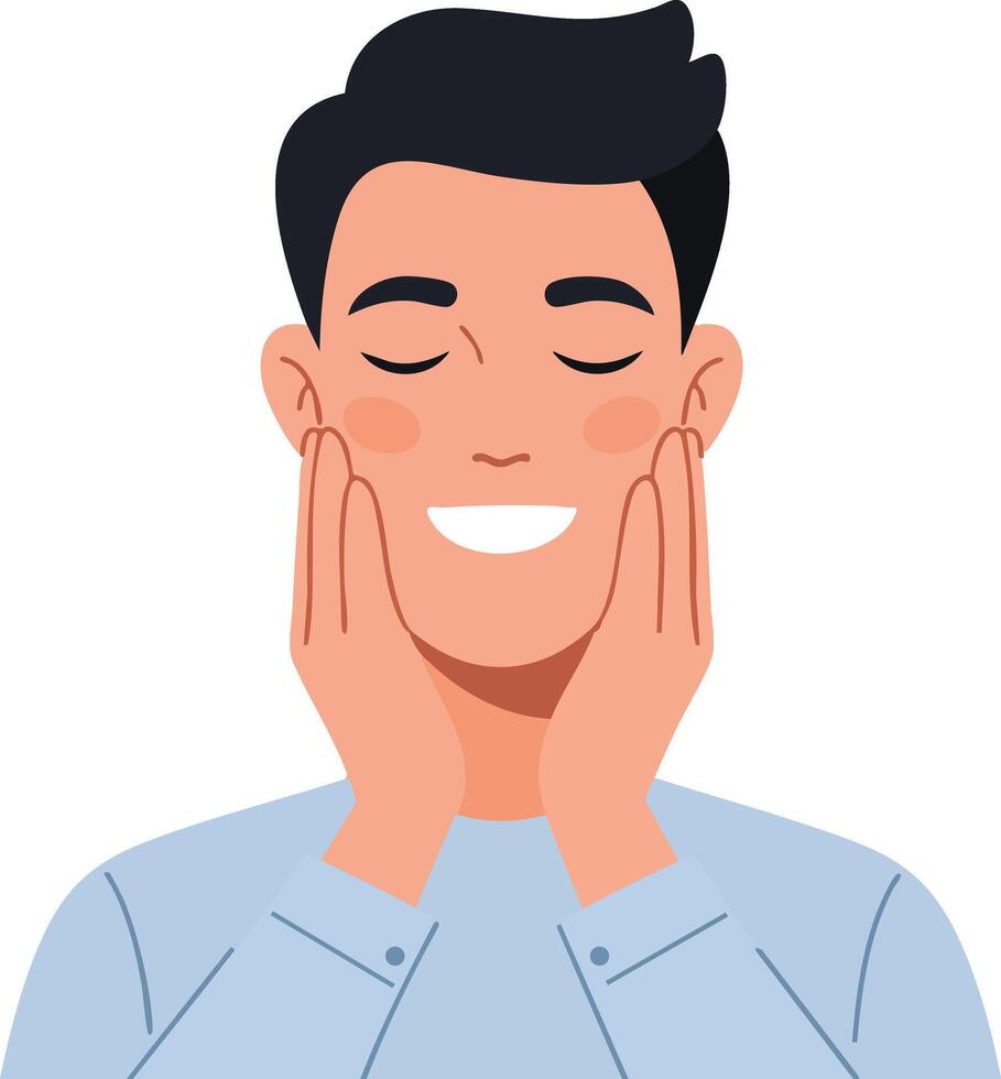 Man touching cheeks with hands smiling feeling relaxed and content illustration vector
