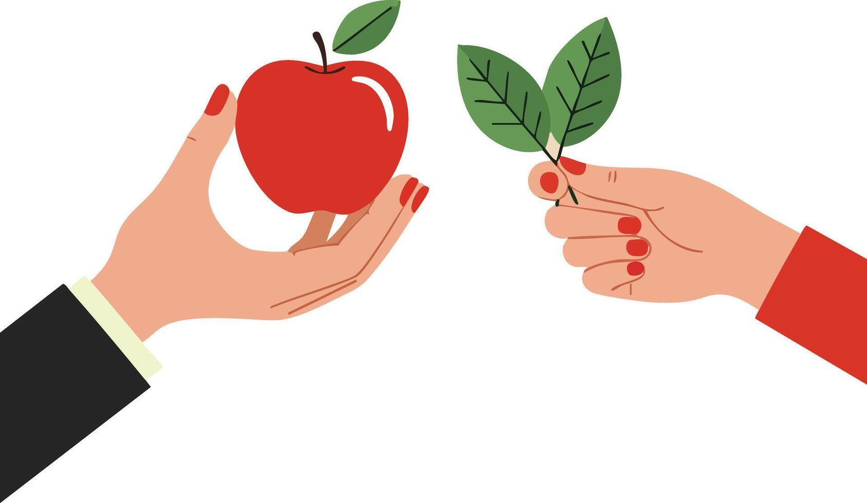 Hands exchanging red apple and green leaves illustration with natural elements and interaction concept vector