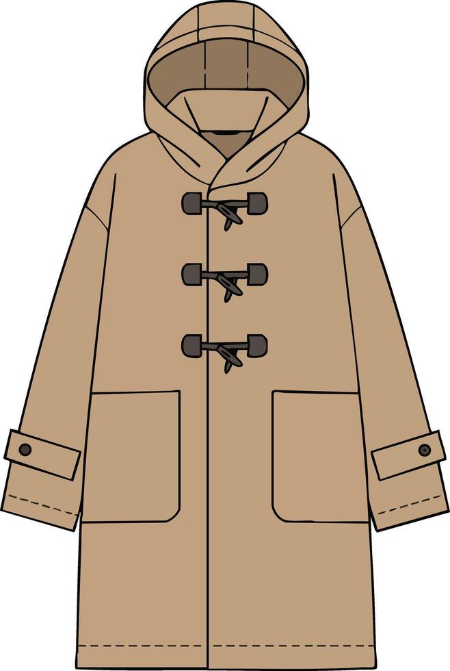 Hooded toggle coat illustration with large pockets and buttoned cuffs in beige color for winter fashion wear vector