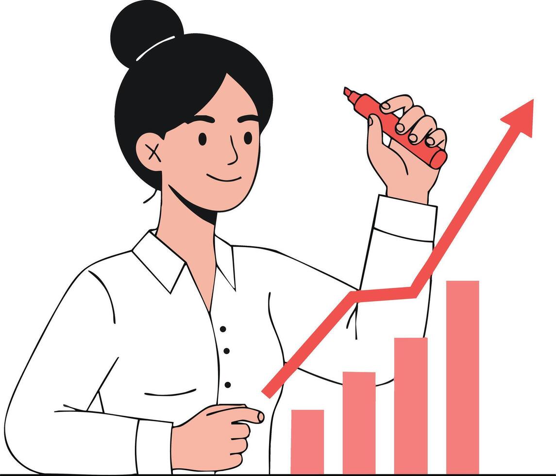 Woman drawing upward trend graph with red marker illustrating business growth and success concept in style vector
