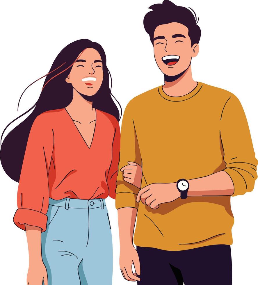 Young couple walking happily together in casual clothing illustration with orange and mustard colors vector