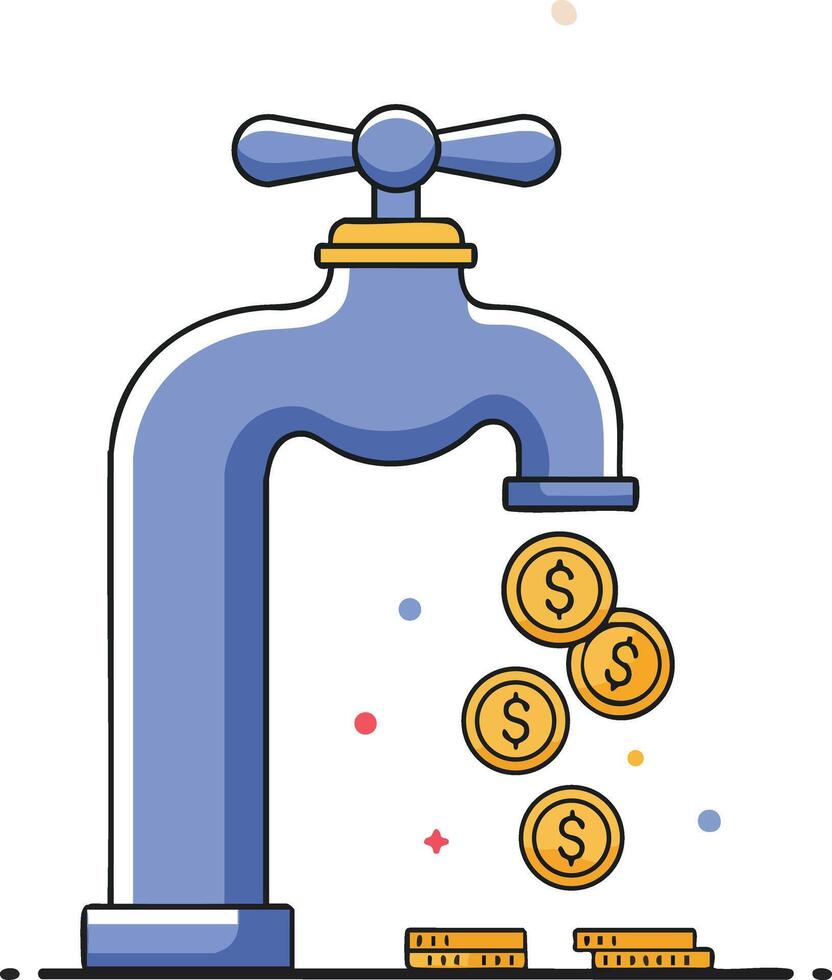 Money faucet concept with coins flowing from tap symbolizing financial flow and income generation illustration vector