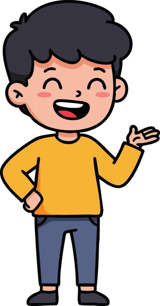 Happy boy character with black hair wearing yellow sweater and blue pants smiling and gesturing illustration vector