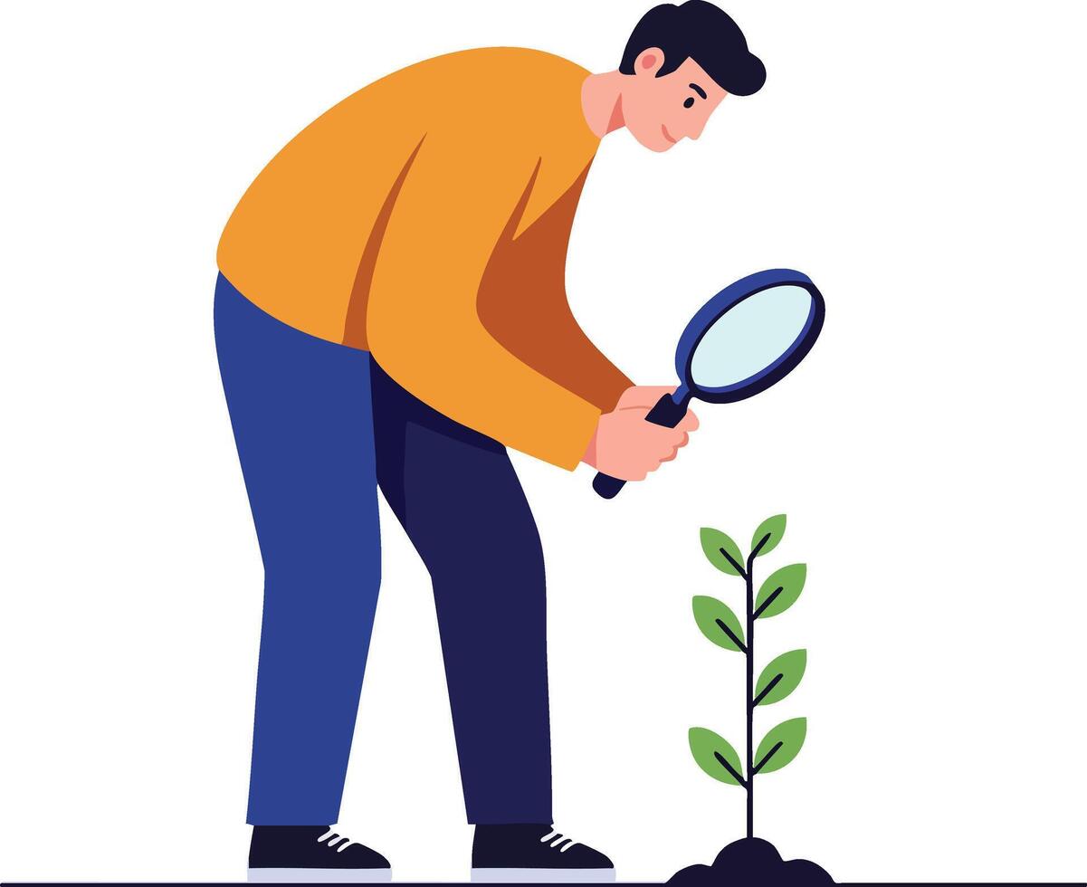 Man examining small green plant with magnifying glass in detailed observation illustration vector