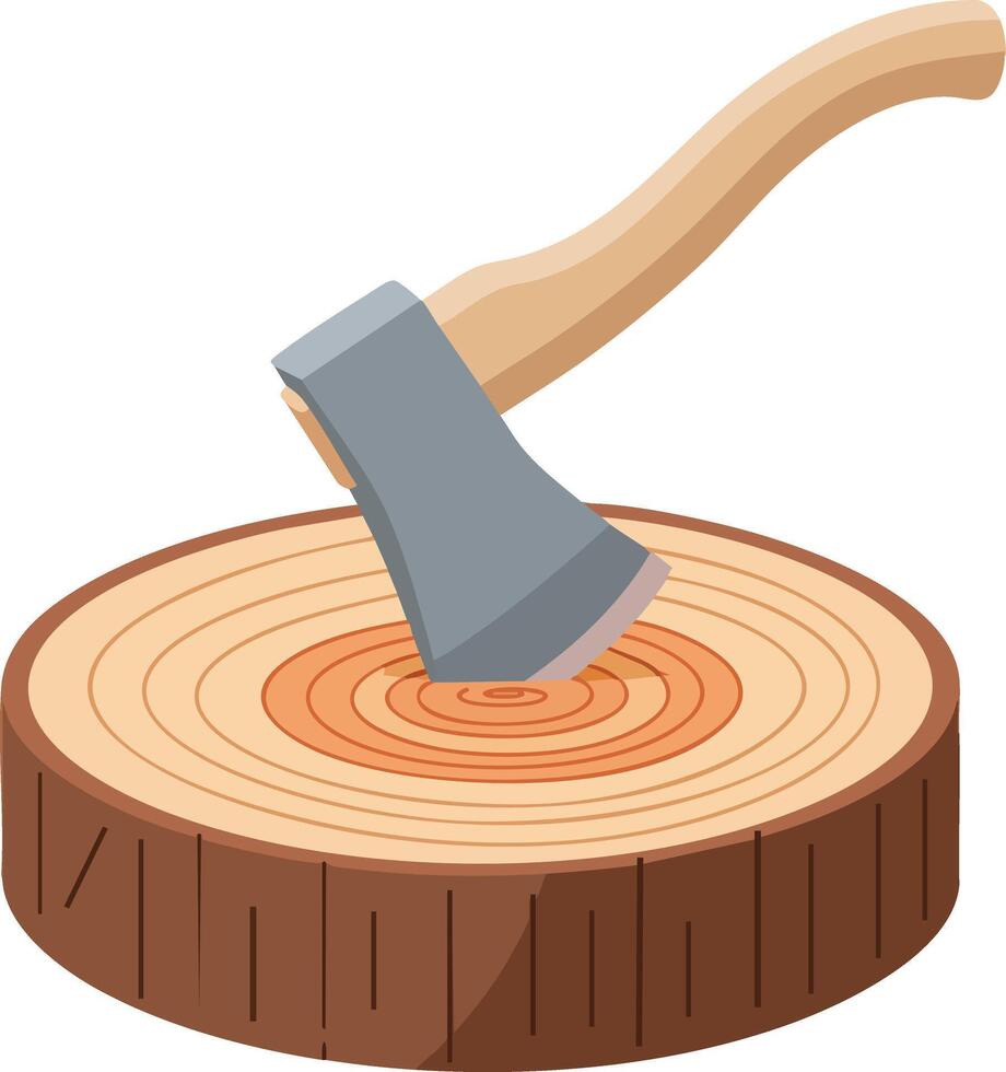 Axe embedded in tree stump wood chopping tool with wooden handle for outdoor activities and woodworking tasks illustration vector