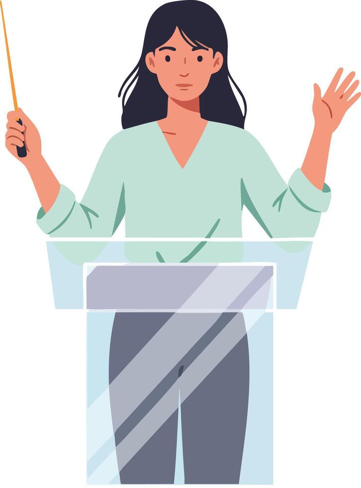 Woman giving a speech at a transparent podium holding a pointer in casual clothing illustration vector