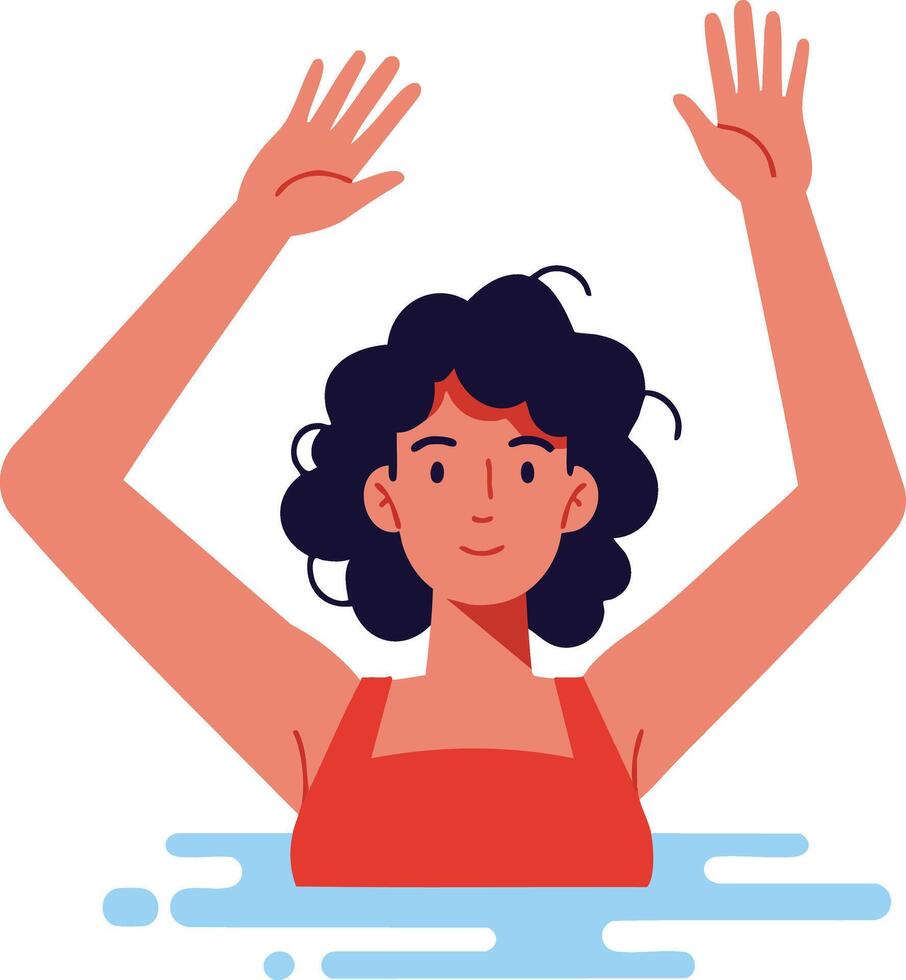 Woman with raised hands standing in water wearing red swimsuit illustration for summer and leisure activities vector
