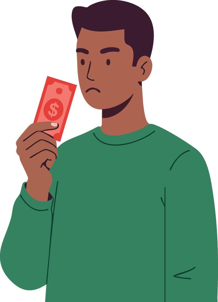 Young man holding red banknote with serious expression thinking about money and finance decisions illustration vector
