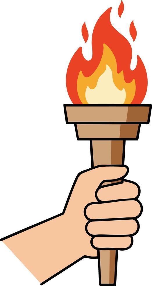 Hand holding flaming torch with vibrant orange and yellow fire in simple illustration design vector