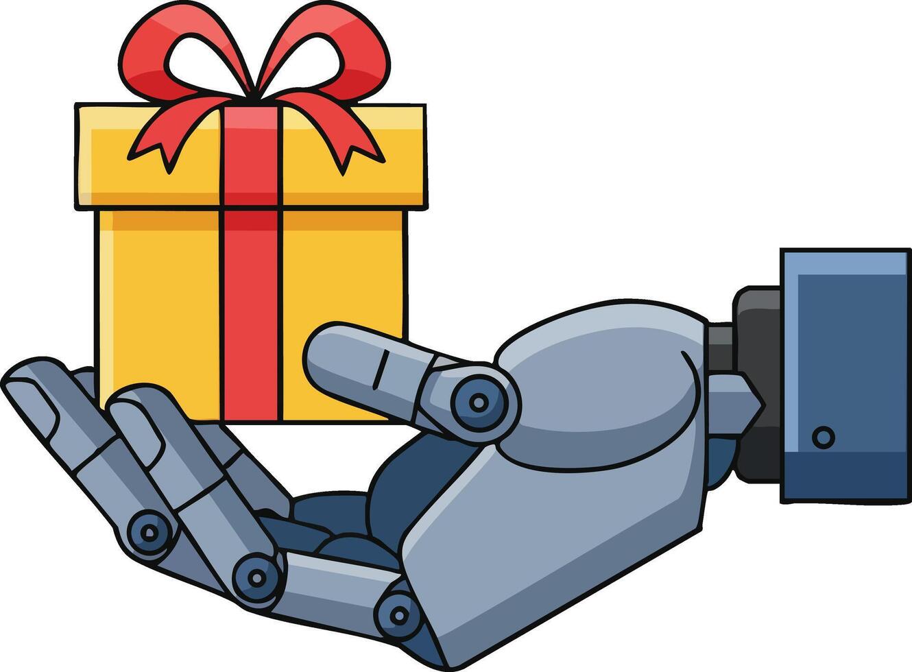 Robot hand holding yellow gift box with red ribbon and bow illustration for technology and celebration concepts vector
