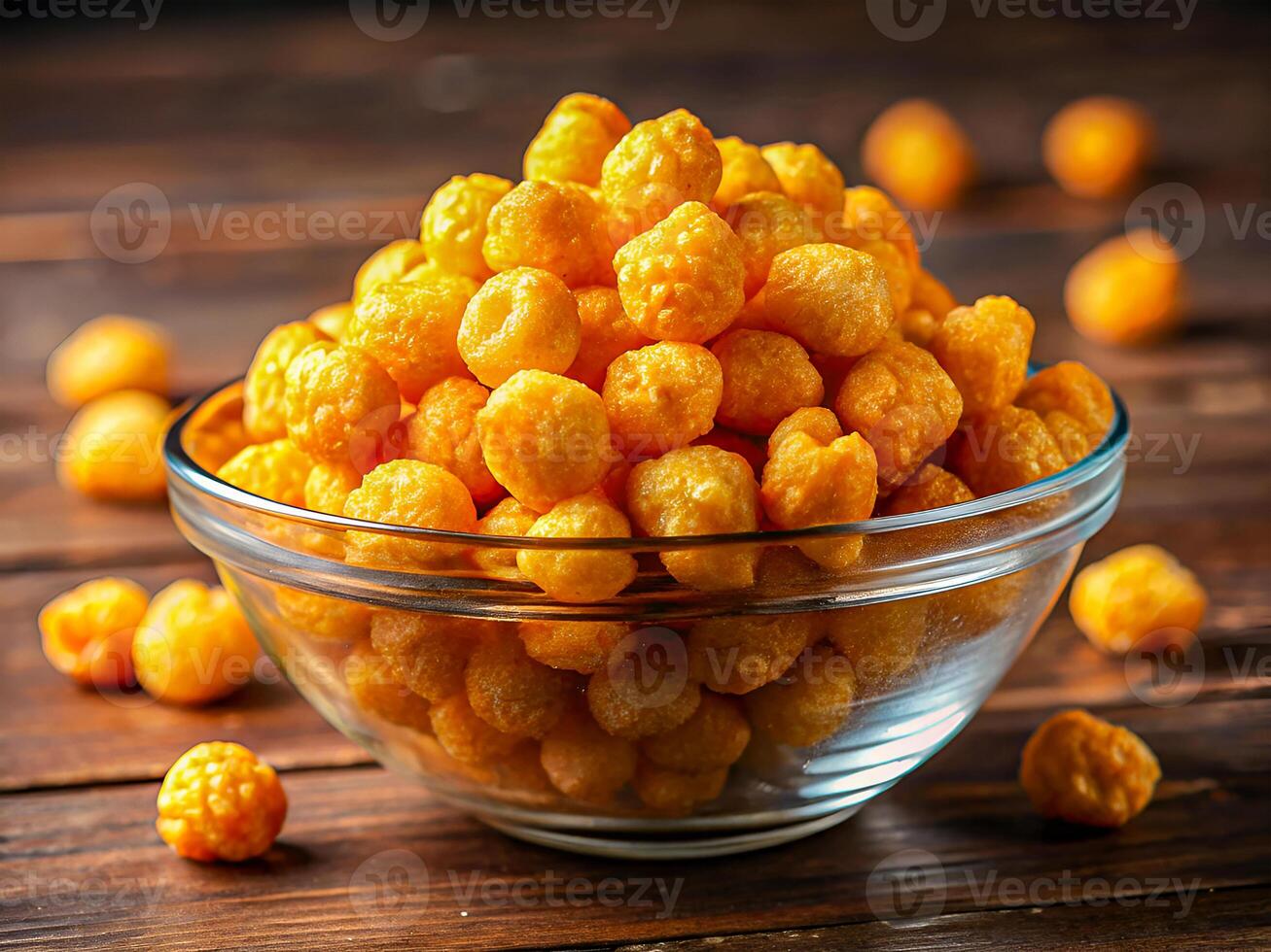 Irresistible Crunch. Golden Cheese Puffs in a Glass Bowl. Delicious food background photo