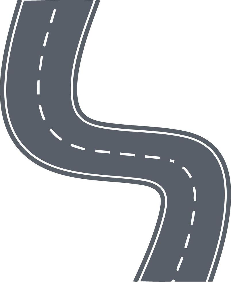 Curved Road Illustration with Dark Grey Asphalt and White Lane Markings in Simple Style vector