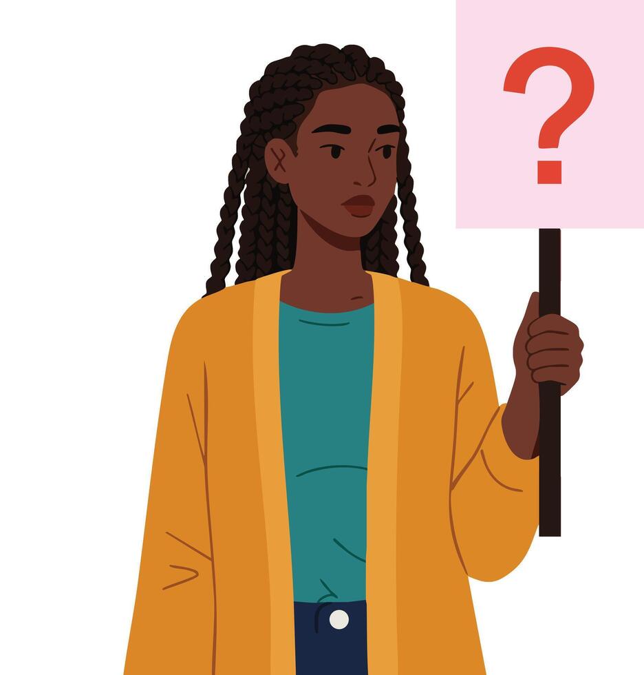 Woman holding protest placard with question mark sign in orange jacket and teal shirt illustration vector