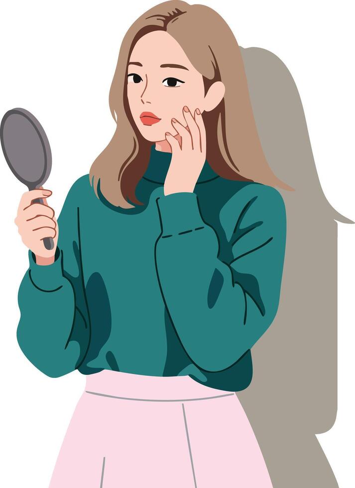 Young woman checking her face in hand mirror with thoughtful expression in casual clothes illustration vector