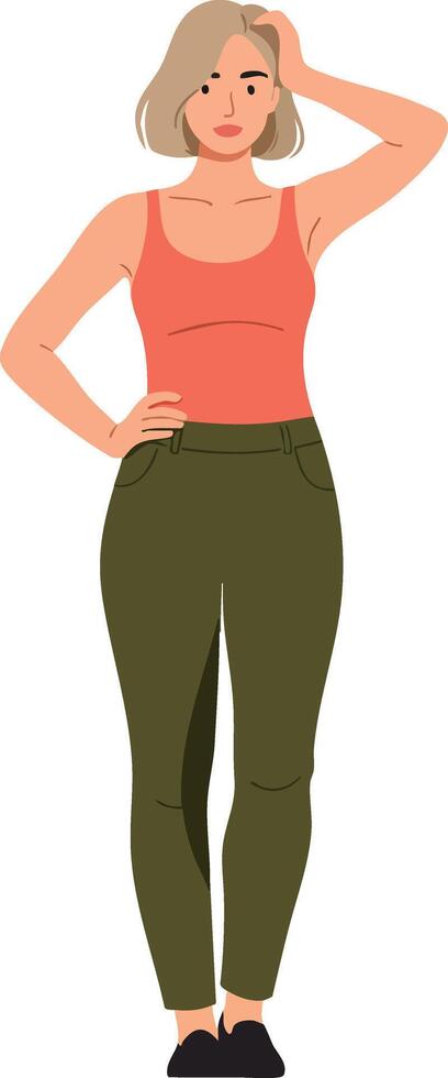 Young woman standing casually with hand on head in sleeveless top and green pants illustration vector