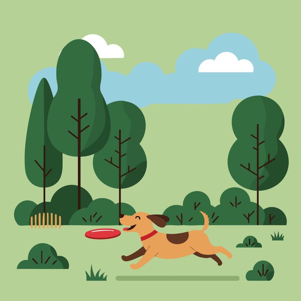Dog playing with frisbee in green park with trees and bushes under blue cloudy sky illustration vector