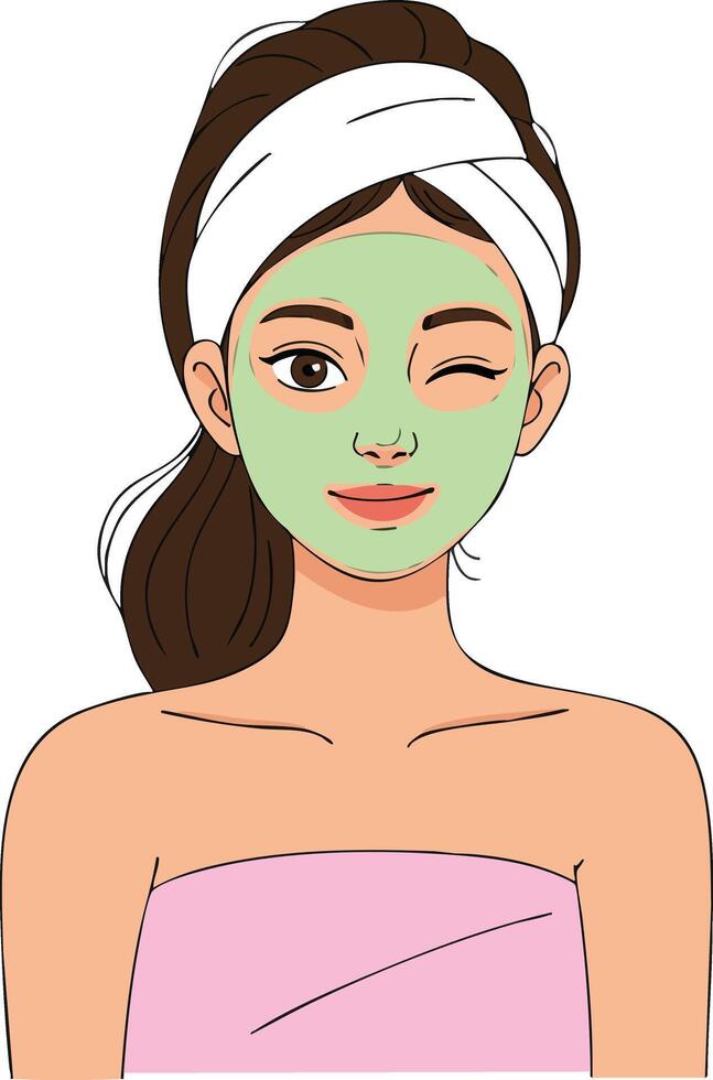 Woman with green facial mask and white headband enjoying skincare routine in pink towel illustration vector