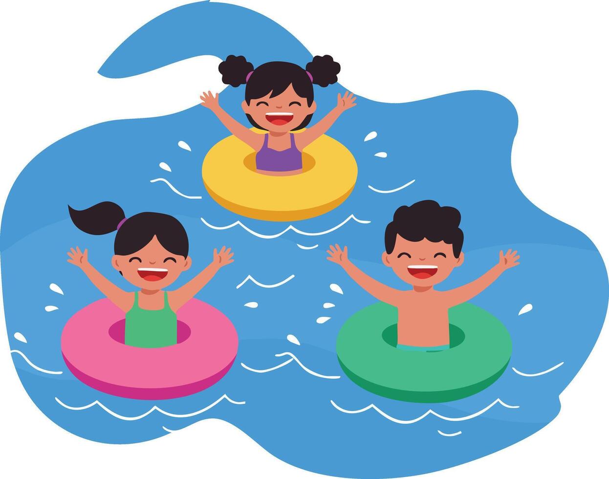 Children swimming with colorful float rings in blue water enjoying summer leisure activity outdoors vector