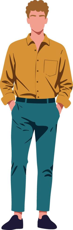 Man standing with hands in pockets wearing brown shirt and teal pants casual style illustration vector