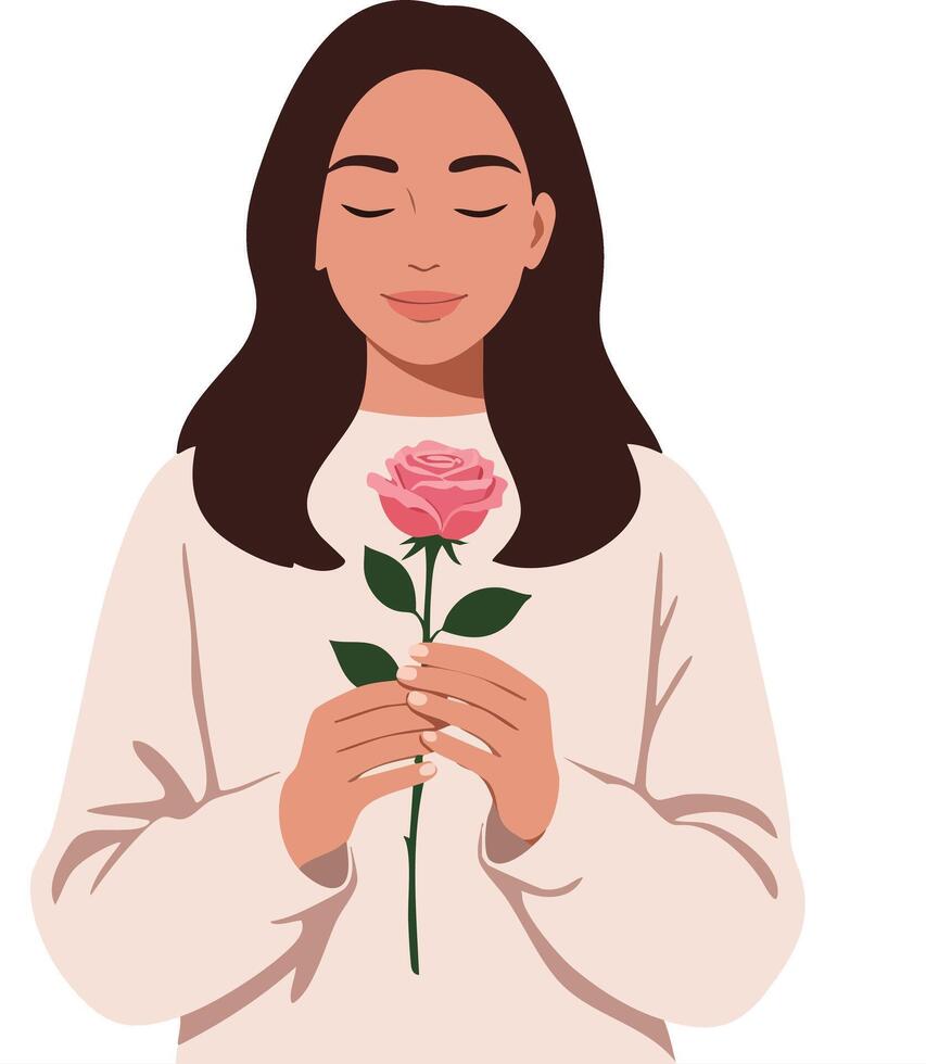 Woman holding pink rose with closed eyes peaceful calm expression illustration vector