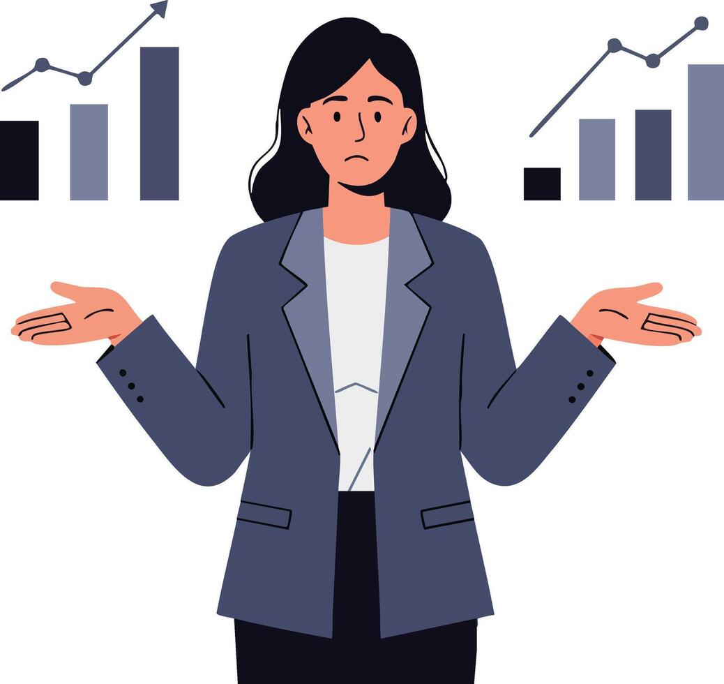 Businesswoman comparing financial bar charts with growth trends in professional attire illustration vector
