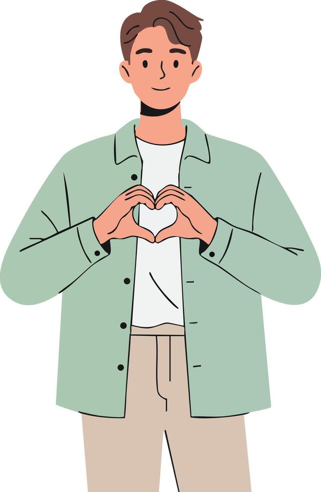 Young man making heart shape gesture with hands expressing love and kindness in casual outfit illustration vector