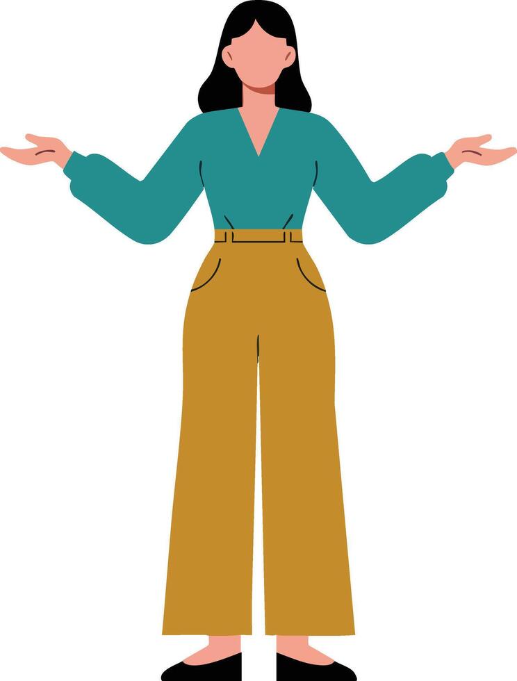Woman with teal blouse and mustard pants standing with open arms illustration vector