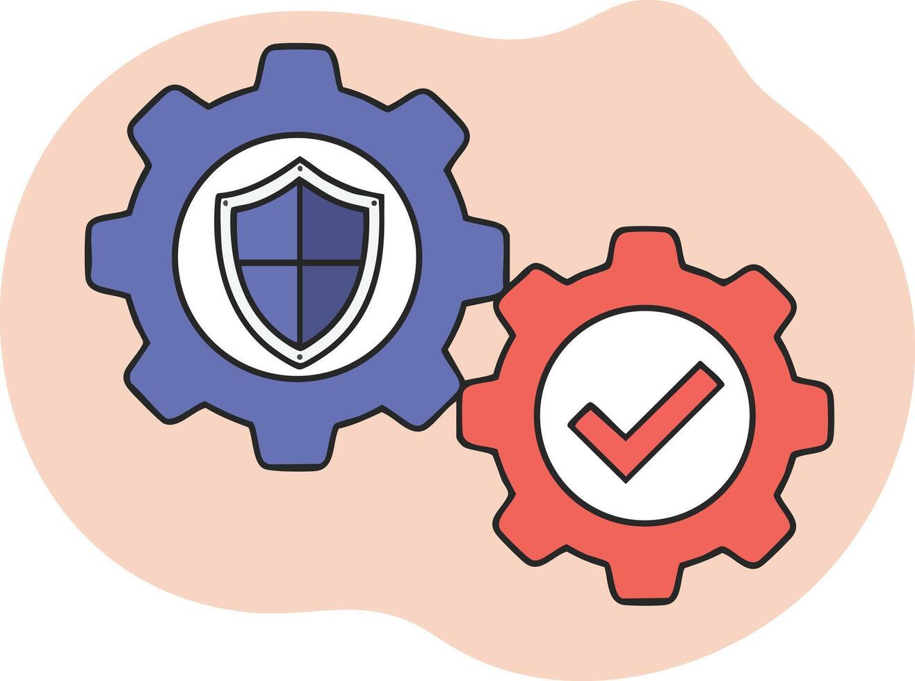 Security and approval concept gears with shield and checkmark icons in blue and red illustration vector