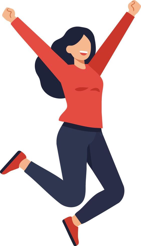 Woman jumping with joy wearing red sweater and dark pants illustration in portrait orientation vector