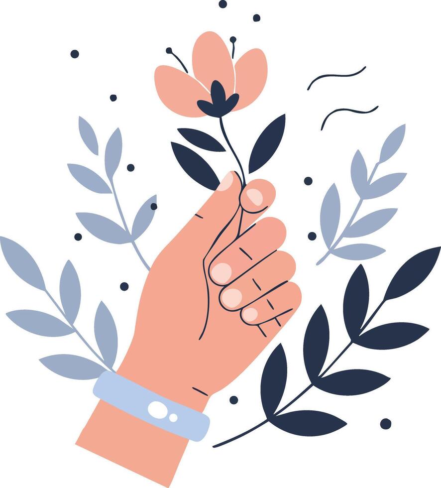 Hand holding flower with blue and pink leaves simple illustration in minimal style vector