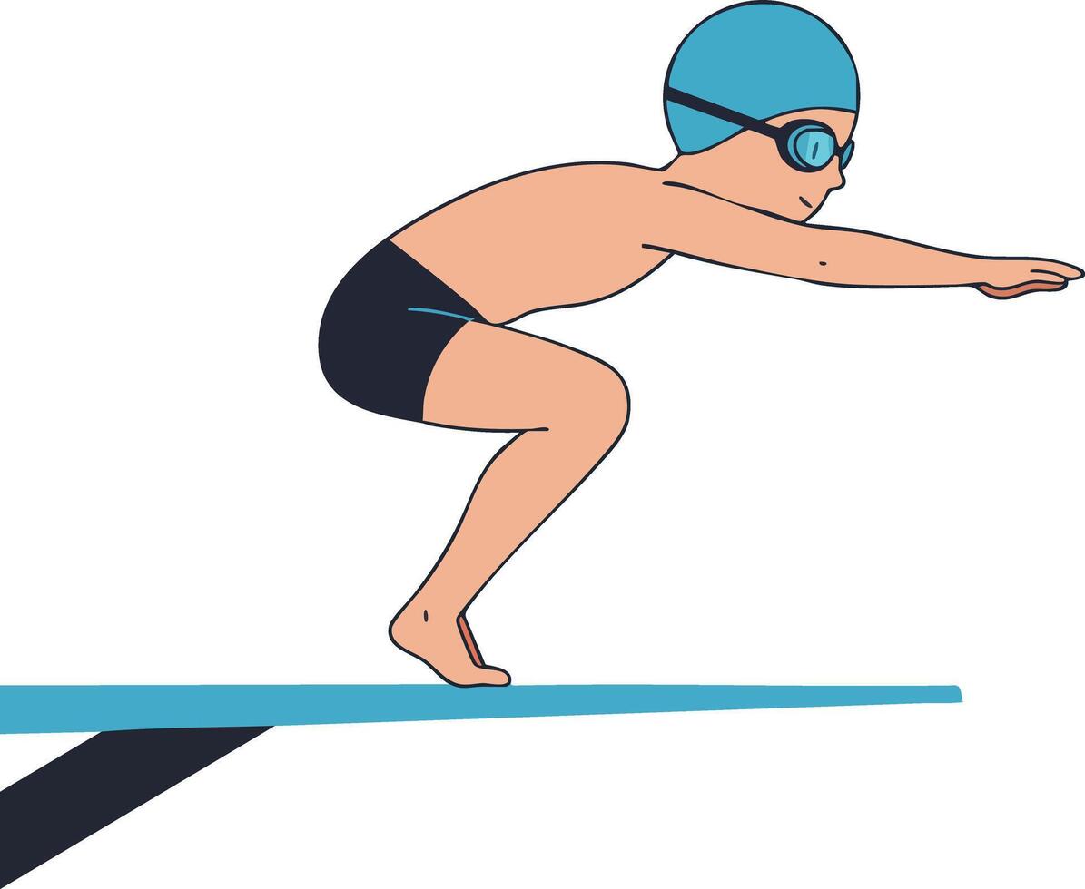 Boy swimmer preparing to dive from diving board in swimming pool illustration vector